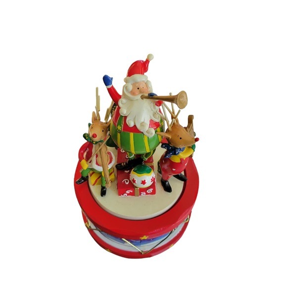 Wooden Santa & 2 Reindeer On A Musical Rotating Drum Christmas Decoration - Picture 2 of 4